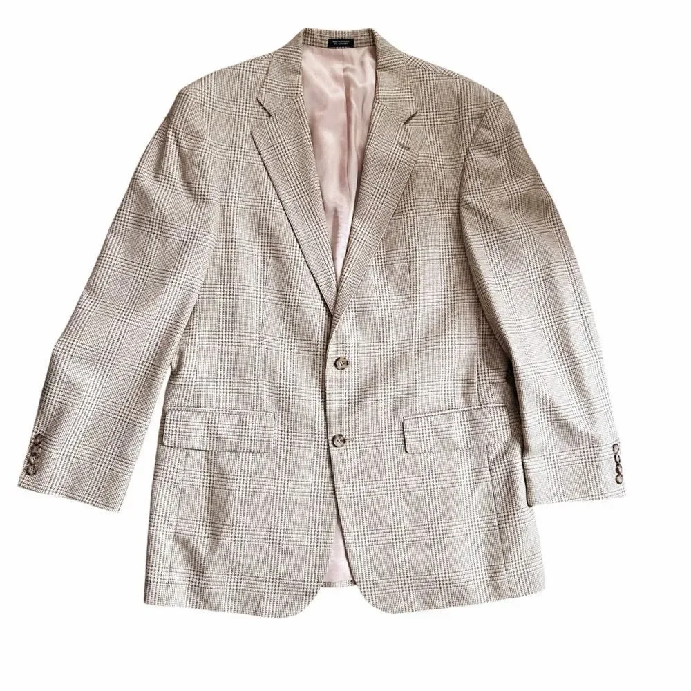 Vintage Oscar de la Renta Beige Brown Houndstooth Plaid Silk Wool Blazer - 41L